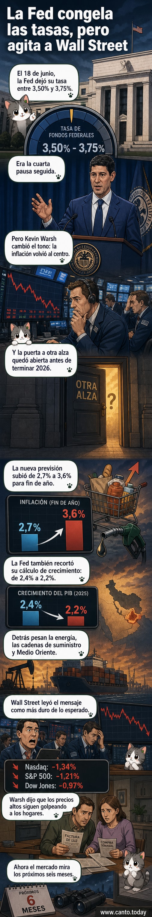 Gráfico de Wall Street con caída de índices bursátiles tras anuncio de la Fed sobre inflación y tasas de interés