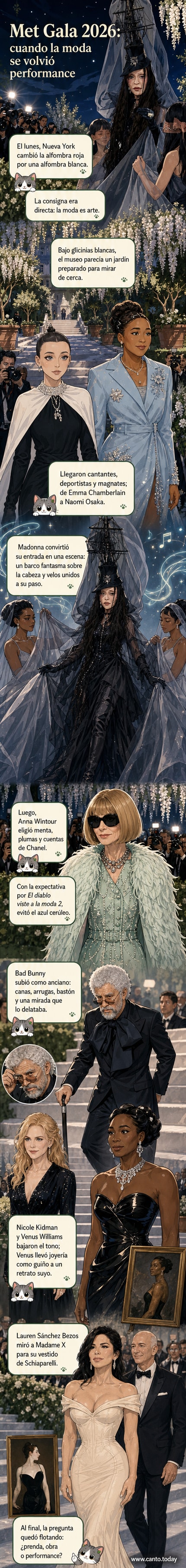 Ilustración de la Met Gala 2026: Madonna con un tocado de barco fantasma, Bad Bunny como anciano con bastón, y Anna Wintour con un vestido de plumas en una alfombra blanca decorada con glicinias.