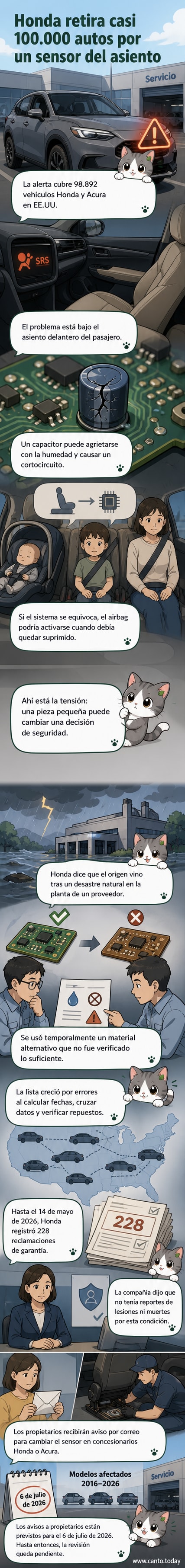 Ilustración de un vehículo Honda con advertencia de airbag activado incorrectamente, junto a un técnico revisando un sensor de asiento defectuoso.