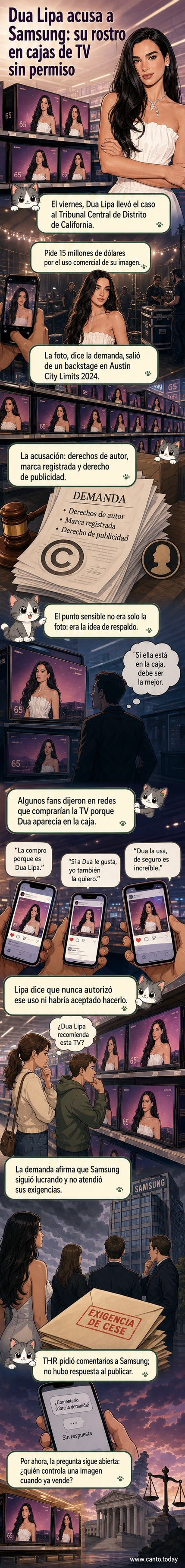 Ilustración de Dua Lipa mirando una caja de televisor Samsung con su rostro impreso, con expresión de sorpresa y molestia.