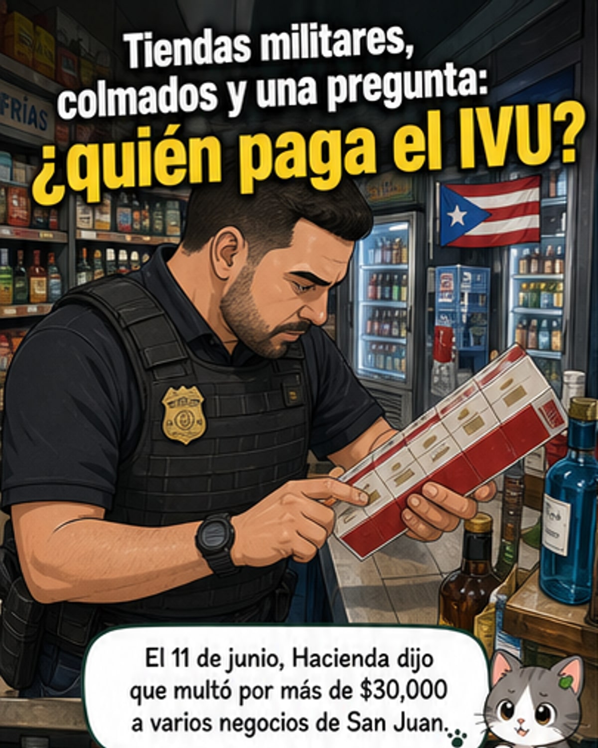 Ilustración de un inspector fiscal revisando cajas de bebidas marcadas como exentas y cajetillas de cigarrillos sin cintillo, en un operativo con policías y agentes en un colmado de San Juan.