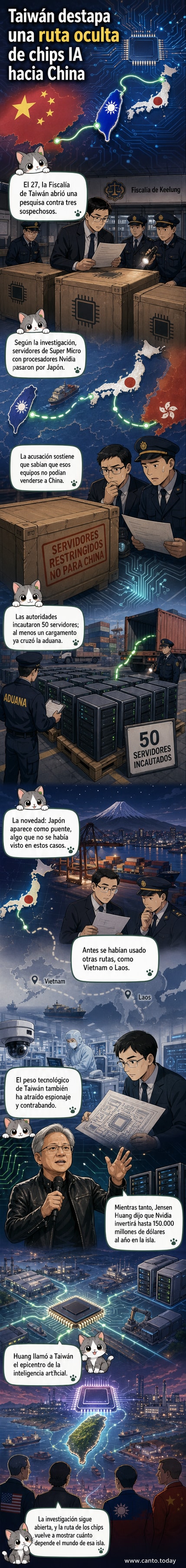 Ilustración de un contenedor con servidores de IA siendo trasladado desde Taiwán a Japón y luego a China, con sellos de aduana y vigilancia internacional.
