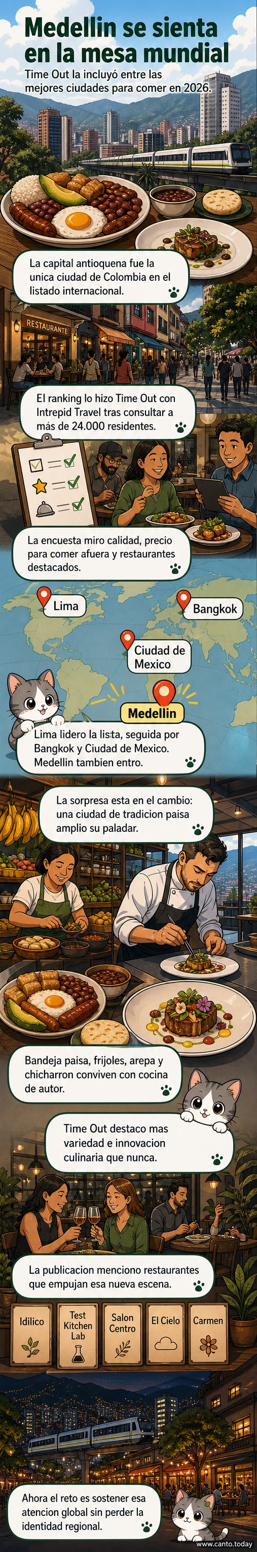 Ilustración de Medellín con elementos gastronómicos como bandeja paisa, arepas y restaurantes modernos, bajo un cielo urbano con estrellas tipo ranking