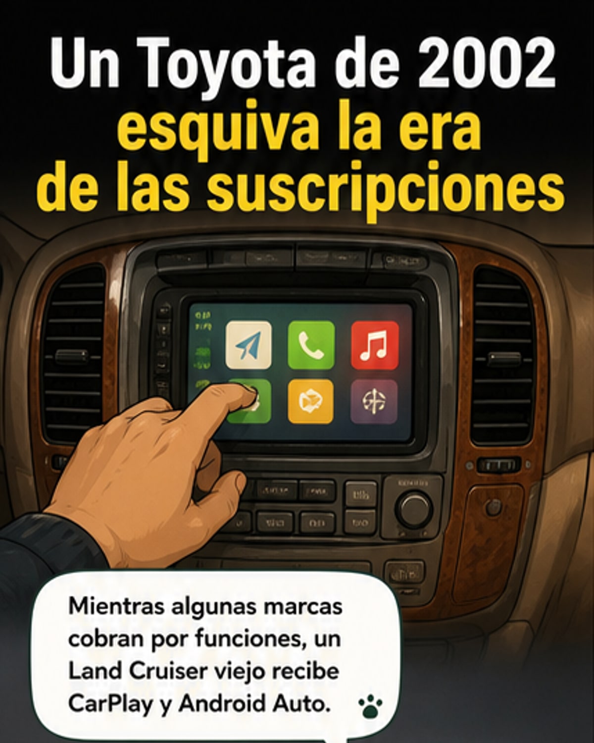 Pantalla táctil de un Toyota Land Cruiser 100 del año 2002 mostrando la interfaz de Apple CarPlay en funcionamiento.