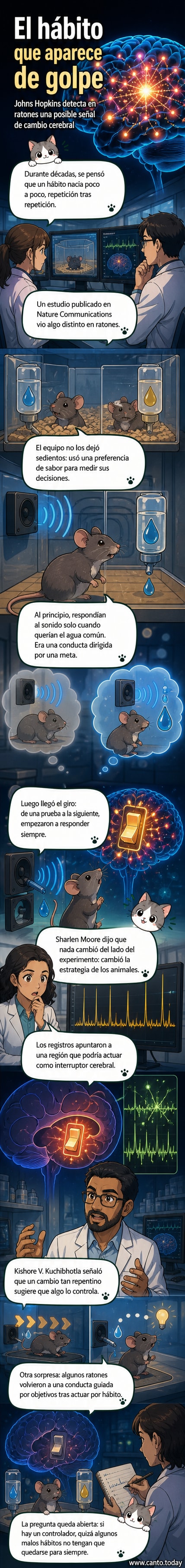 Ilustración de un cerebro con una zona resaltada como posible 'interruptor' en la formación de hábitos, junto a un ratón en un entorno de laboratorio respondiendo a un estímulo sonoro.