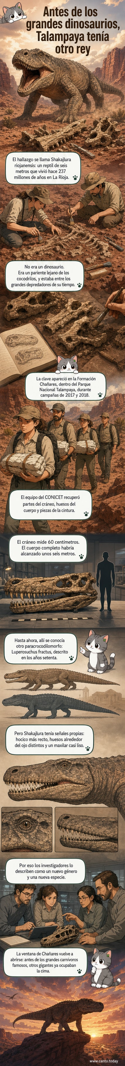 Ilustración de un reptil prehistórico de seis metros en un paisaje árido del Triásico, con restos fósiles visibles en roca sedimentaria.