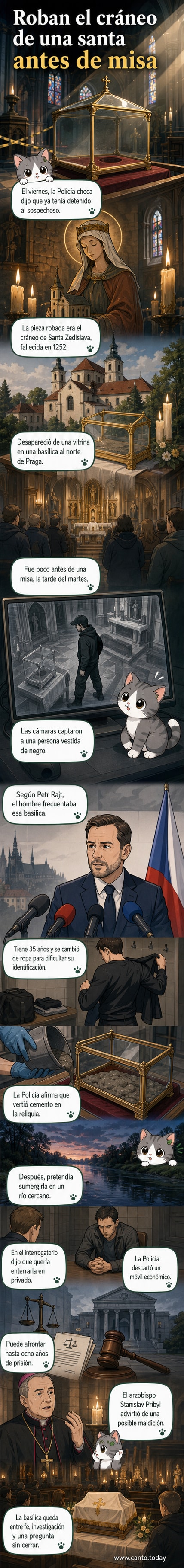 Ilustración de un hombre detenido frente a una basílica en República Checa, con una vitrina rota y un cráneo desaparecido.