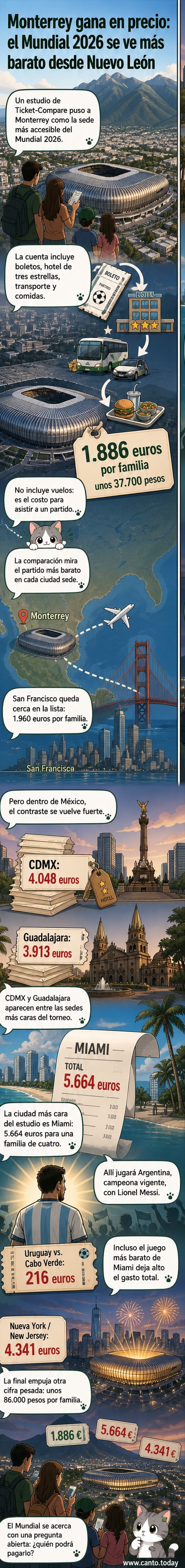 Ilustración de una familia en un estadio de fútbol con banderas de México, comparando costos entre ciudades sedes del Mundial 2026.