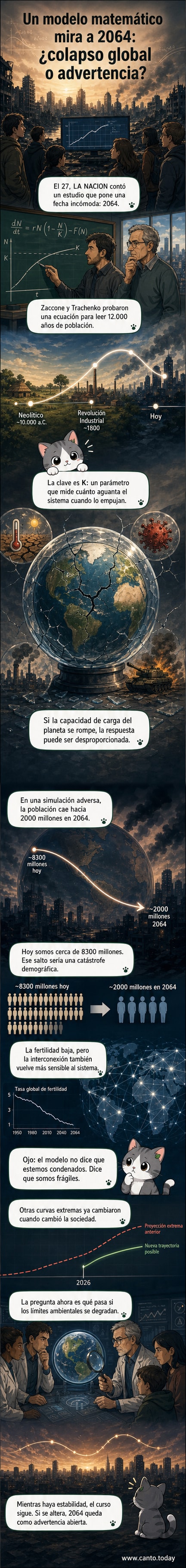 Ilustración de una curva poblacional que sube abruptamente y luego cae en picada, con símbolos de clima, virus y conflictos alrededor, sobre un fondo que imita la estructura de un material frágil como el vidrio.