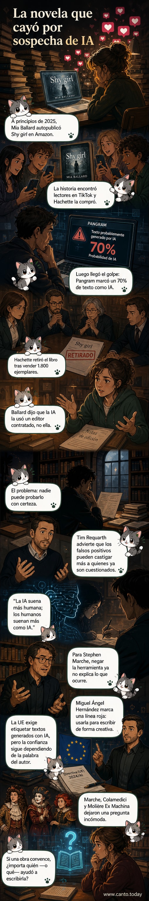 Ilustración de una pluma y un chip enfrentados sobre un libro abierto, con sombras de texto generadas por IA en el fondo.