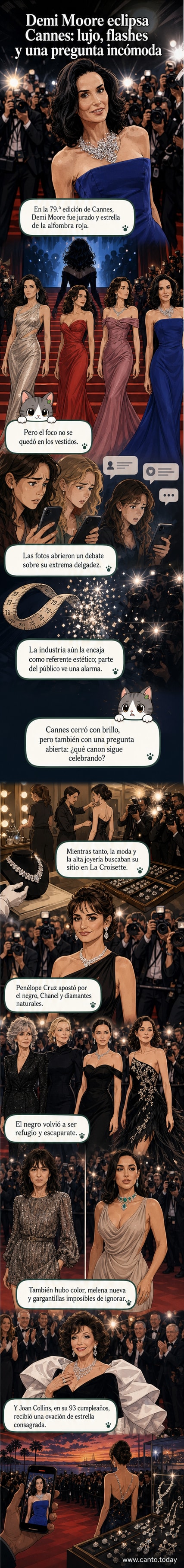 Demi Moore en la alfombra roja de Cannes con un vestido plateado, seguida por Joan Collins con un diseño elegante de alta costura y Georgina Rodríguez con una gargantilla de esmeraldas.