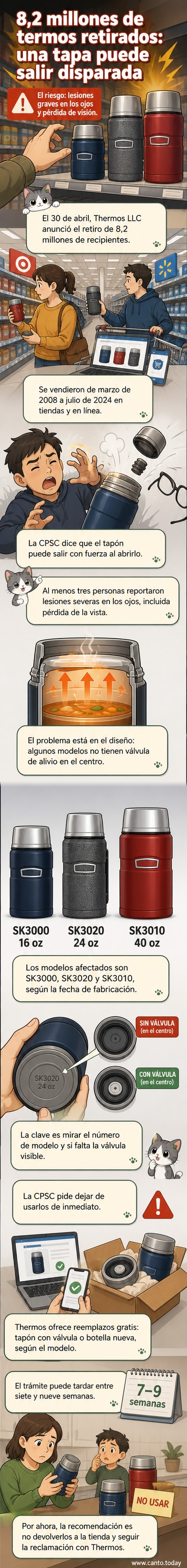 Ilustración de un termo de acero inoxidable con tapa volando violentamente, mientras una persona se cubre el rostro. Fondo con advertencia de seguridad y lista de modelos afectados.