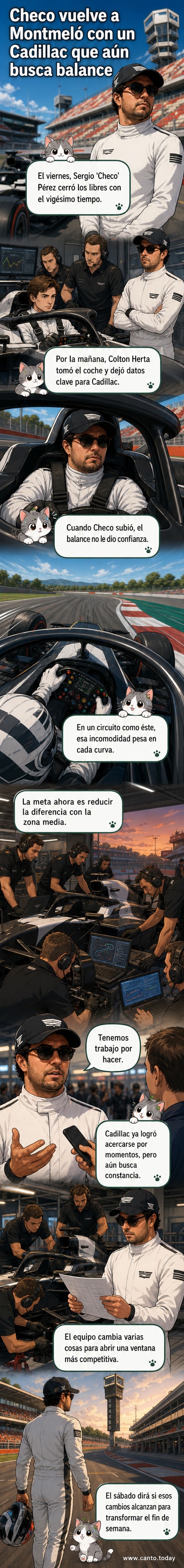 Sergio 'Checo' Pérez en el cockpit de su monoplaza F1 en el circuito de Montmeló, con mecánicos revisando detalles técnicos al fondo.