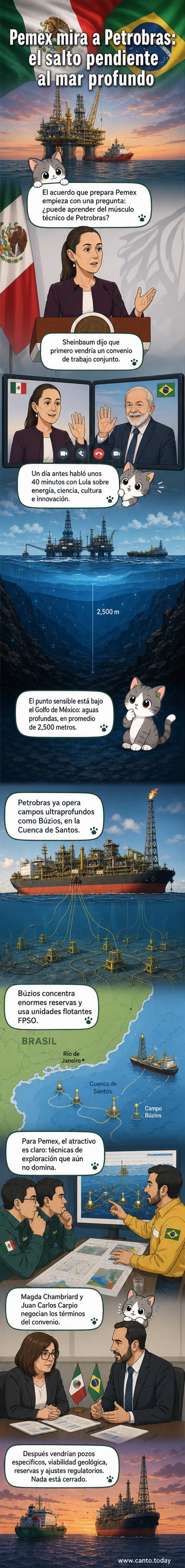 Ilustración de dos plataformas petroleras flotantes en el océano, una con bandera mexicana y otra con bandera brasileña, conectadas por un puente simbólico con el logotipo de Pemex y Petrobras. Al fondo, submarinos y estructuras subacuáticas representan la exploración en aguas profundas.
