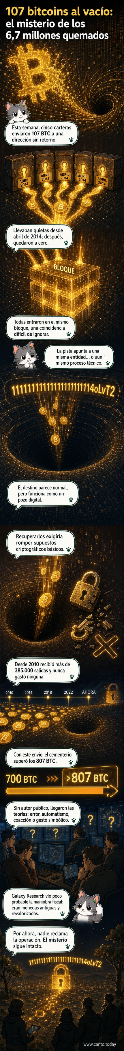 Ilustración de una bóveda digital abierta con monedas cayendo en un abismo, simbolizando la destrucción irreversible de 107 bitcoins.