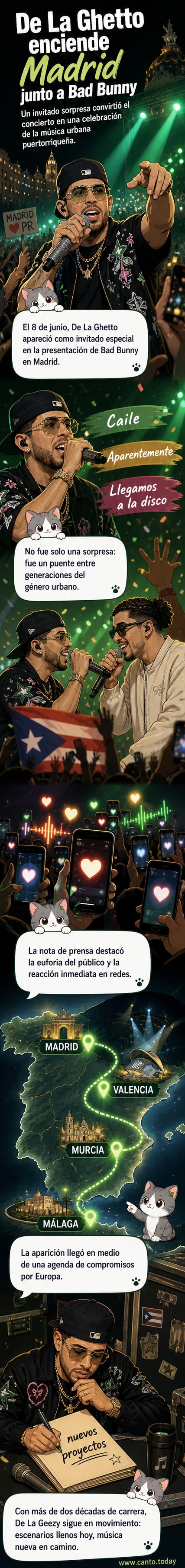 De La Ghetto y Bad Bunny en escena juntos durante un concierto en Madrid, rodeados de luces y un público entusiasta.