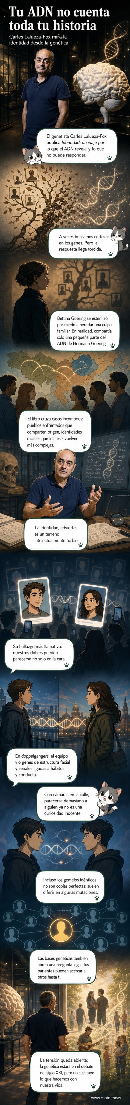 Ilustración de dos personas que se parecen físicamente, con ADN entrelazado y siluetas de reyes europeos y neandertales al fondo, simbolizando la complejidad de la identidad genética.