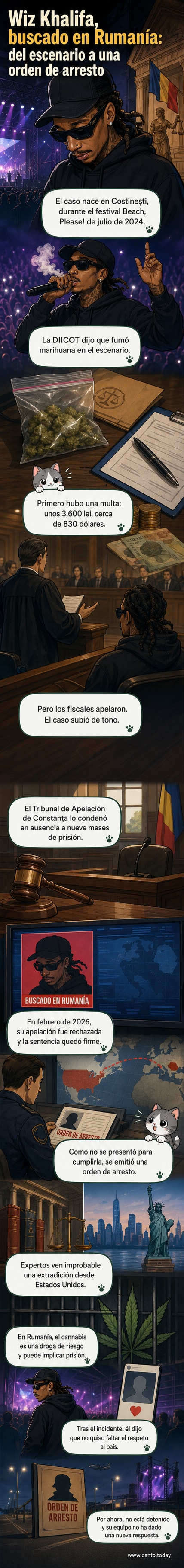 Ilustración de Wiz Khalifa en el escenario de un festival, con policías rumanos mostrando una orden de arresto en segundo plano.