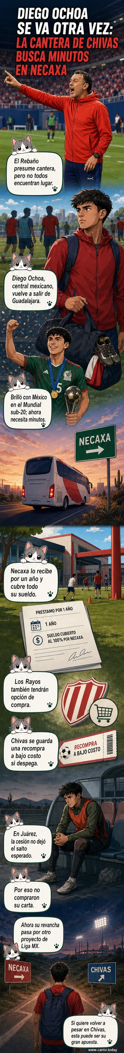 Ilustración de un joven futbolista con la camiseta de Chivas mirando hacia un campo vacío, con el escudo de Necaxa en segundo plano y un contrato de cesión a sus pies.