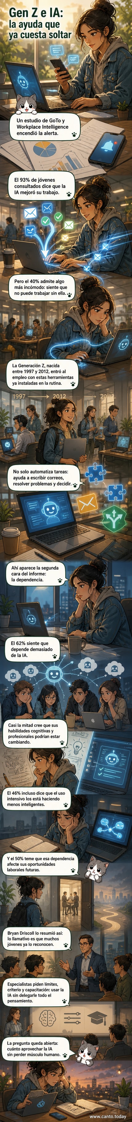 Ilustración de un joven trabajador frente a una pantalla con símbolos de inteligencia artificial, mostrando pensamientos divididos entre eficiencia y dependencia.