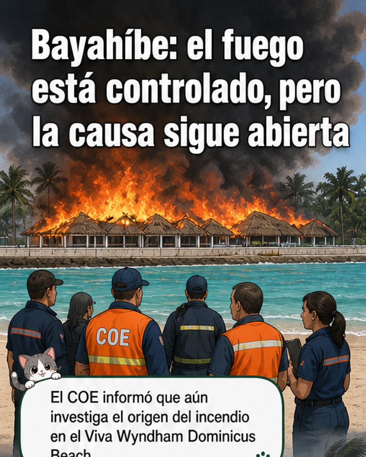 Ilustración de un hotel playero con humo saliendo de una sección del edificio, bomberos trabajando y helicópteros descargando agua, mientras huéspedes son evacuados de manera ordenada.