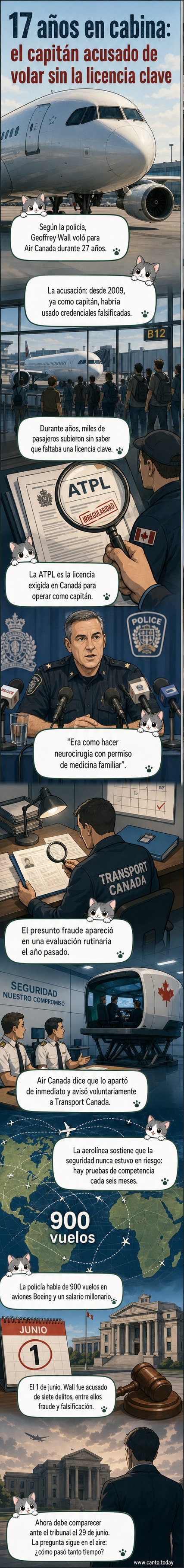 Ilustración de un piloto de avión con credenciales falsas frente a un avión comercial, con un sello rojo de 'fraude' superpuesto.