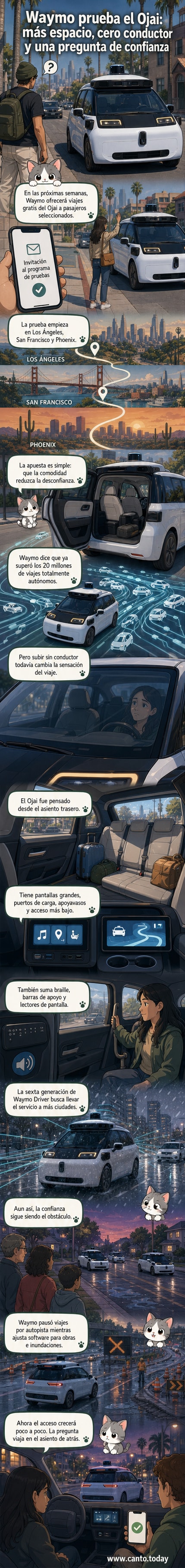 Ilustración de un robotaxi Waymo Ojai circulando por una calle urbana de noche, con pantallas internas visibles y pasajeros observando el trayecto sin conductor.