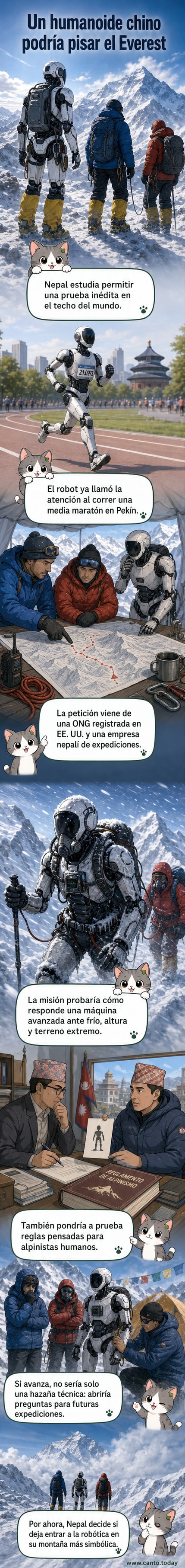 Ilustración de un robot humanoide caminando sobre la nieve cerca de la cima del Monte Everest, con montañas nevadas de fondo.