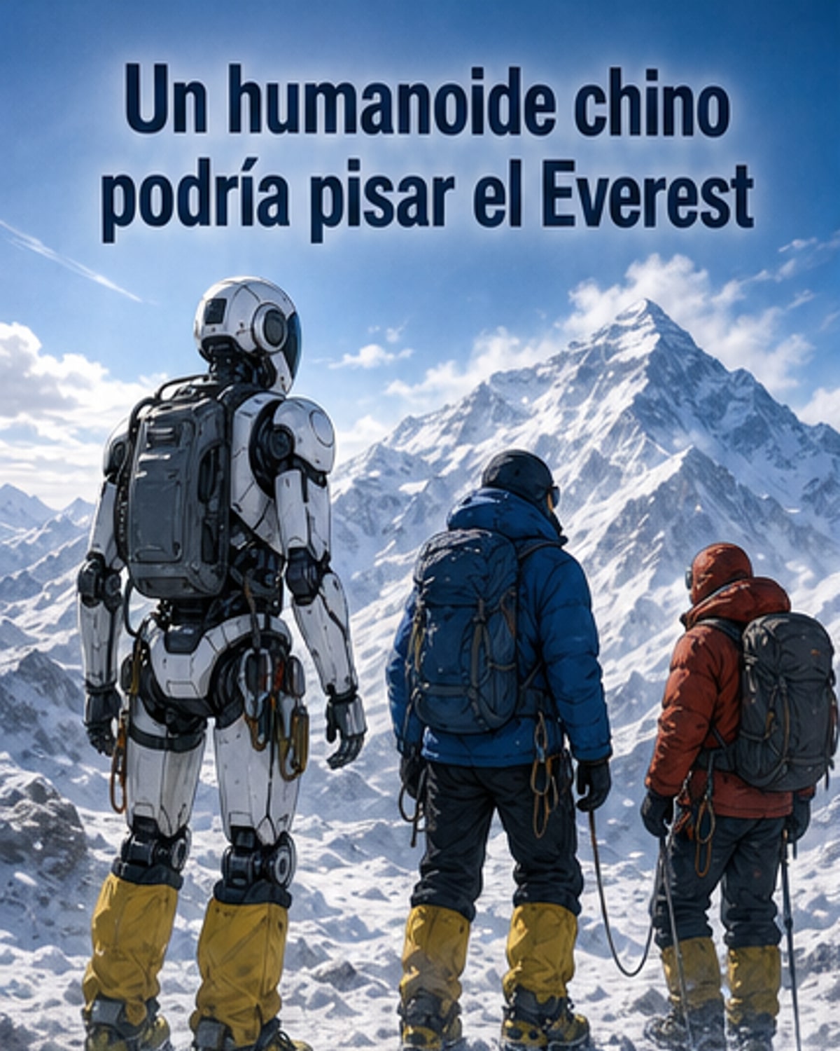Ilustración de un robot humanoide caminando sobre la nieve cerca de la cima del Monte Everest, con montañas nevadas de fondo.