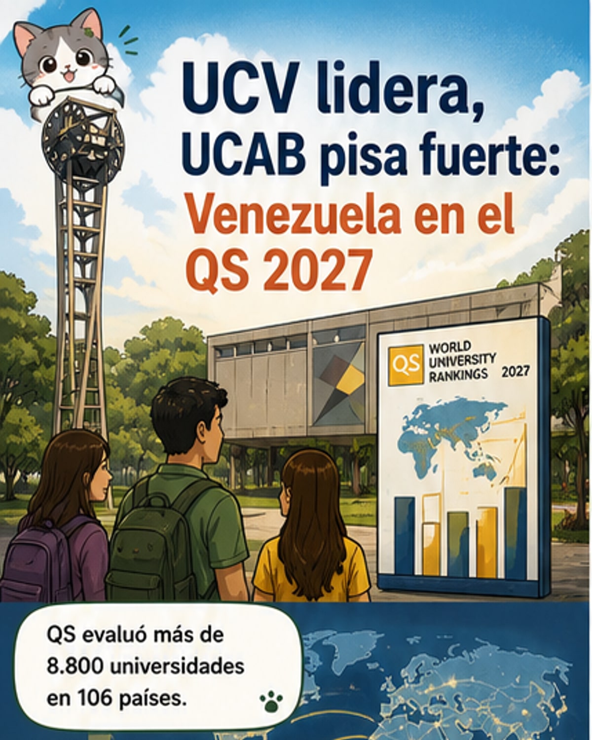 Ilustración de dos universidades venezolanas: la UCV con edificios históricos y la UCAB con un enfoque moderno, con gráficos de ranking al fondo.