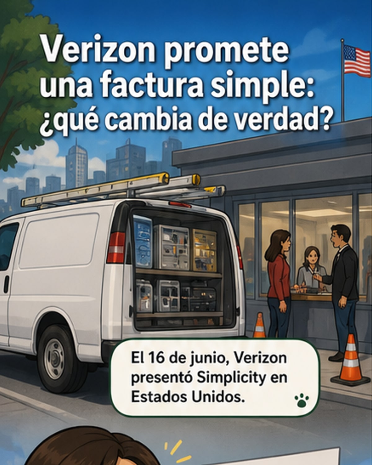 Ilustración de un teléfono móvil sobre una factura limpia con el logo de Verizon y monedas digitales etiquetadas como 'Verizon Dollars', simbolizando simplicidad y beneficios.