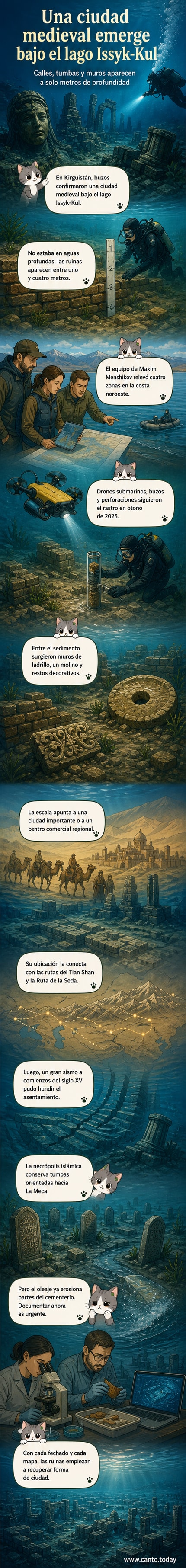 Ilustración de buzos explorando ruinas sumergidas bajo un lago azul, con muros de ladrillo, una tumba orientada hacia el sur y restos de una ciudad medieval en el fondo.