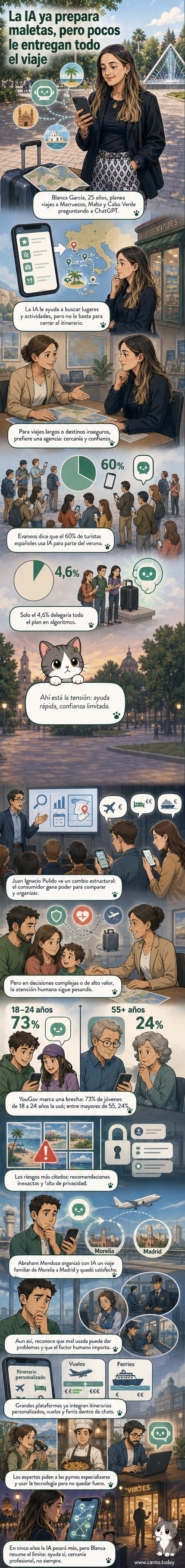 Ilustración de una maleta abierta con dispositivos digitales y papeles de viaje, mostrando la mezcla entre tecnología y asesoría humana en la planificación de vacaciones