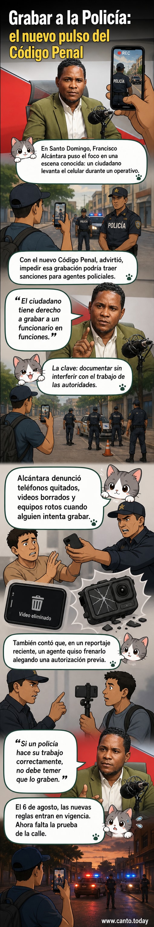 Ilustración de una persona grabando con el teléfono a agentes policiales durante un operativo en la calle, mientras un cartel de fondo muestra símbolos de derechos civiles y justicia.