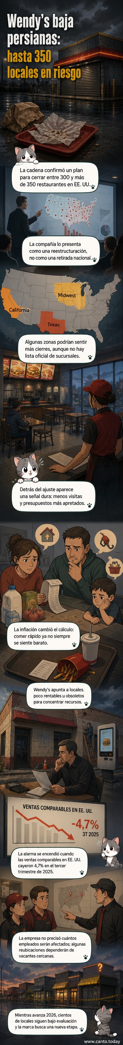 Ilustración de un restaurante de Wendy's con persianas bajadas y un letrero de 'cerrado' en la fachada, rodeado de calles vacías.