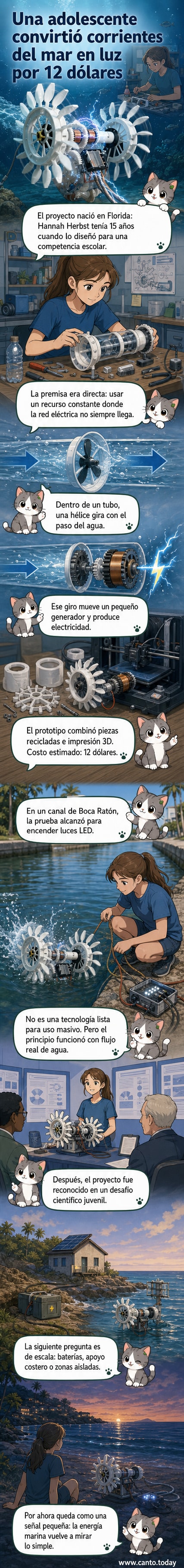 Ilustración de una joven en una playa con un dispositivo cilíndrico sumergido en el agua, conectado a un generador que enciende luces LED. Al fondo, olas del mar y un cielo despejado.