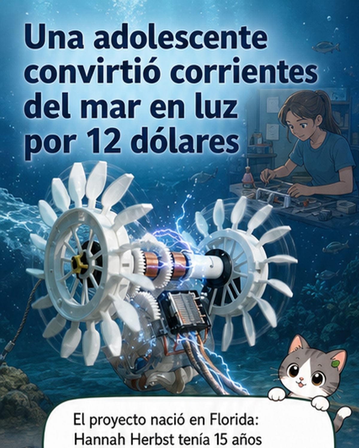 Ilustración de una joven en una playa con un dispositivo cilíndrico sumergido en el agua, conectado a un generador que enciende luces LED. Al fondo, olas del mar y un cielo despejado.