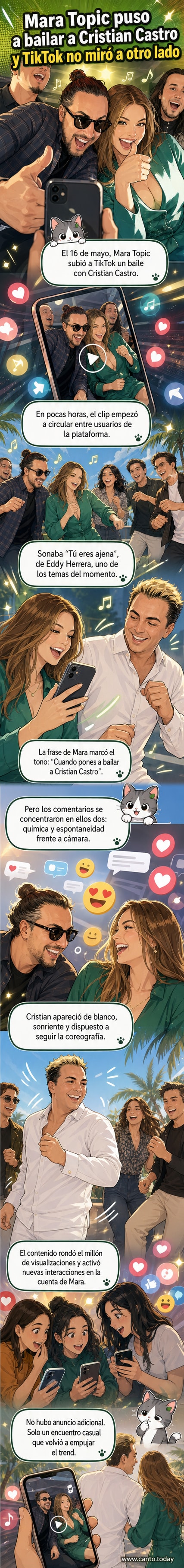 Captura de video de TikTok donde Mara Topic y Cristian Castro bailan juntos, rodeados de amigos, ambos sonriendo frente a la cámara.