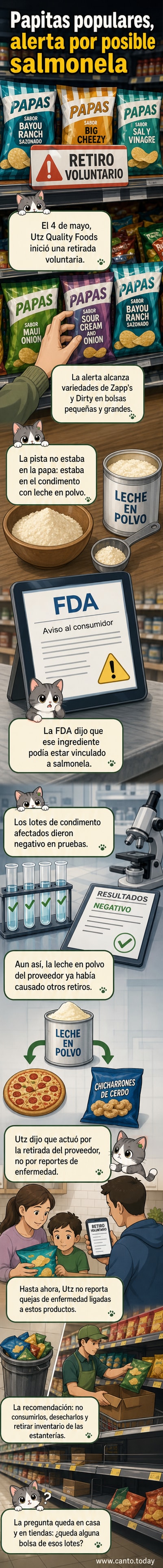 Ilustración de dos bolsas de papas fritas con advertencia de retiro, junto a un frasco de condimento con etiqueta de 'posible salmonela'.