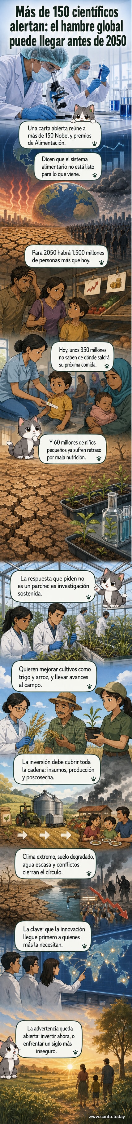Ilustración de científicos entregando una carta de advertencia sobre hambruna global, con un fondo de tierra agrietada, cultivos marchitos y una población creciente.