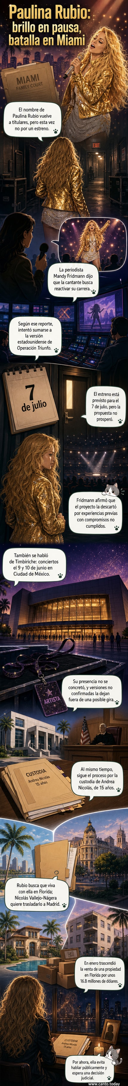Ilustración de Paulina Rubio con expresión seria, fondo de ciudad y símbolos de música, dinero y documentos legales.