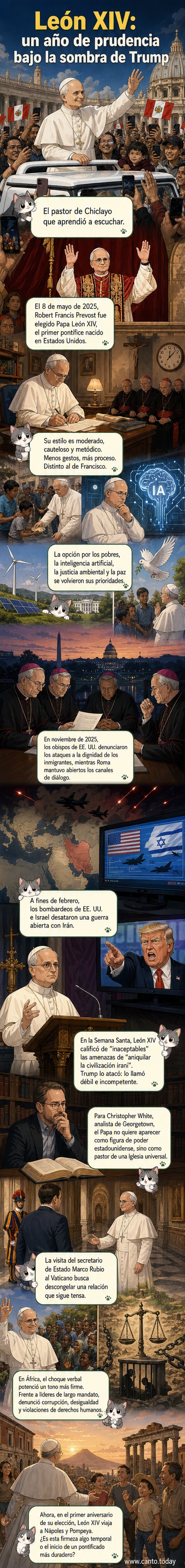 Ilustración del papa León XIV en el Vaticano, con fondo de tensión entre iglesia y gobierno de Estados Unidos.