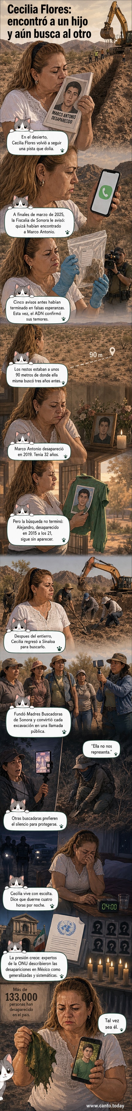 Una mujer en el desierto de México sostiene un hueso frente a una excavadora, con una pancarta que muestra el rostro de su hijo desaparecido.