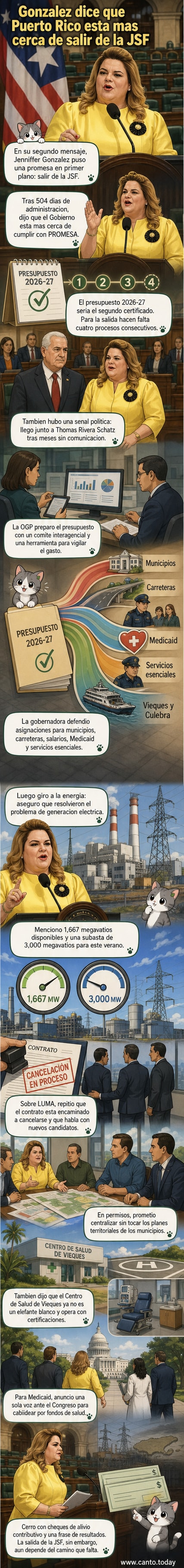 Ilustración de la gobernadora Jenniffer González Colón hablando en el hemiciclo del Capitolio de Puerto Rico, con gráficos de presupuesto, energía y salud al fondo.