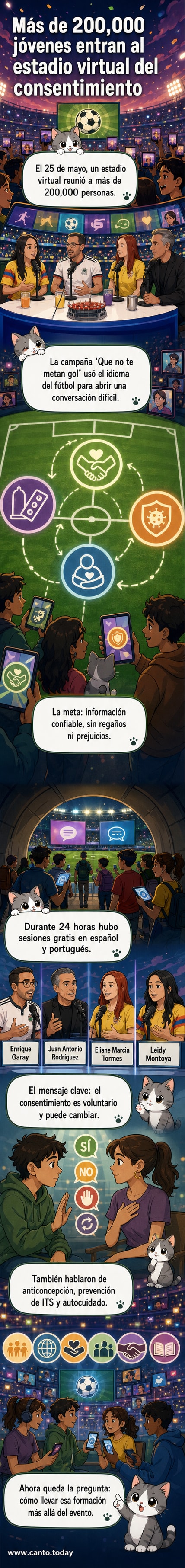 Ilustración de un estadio virtual lleno de personas participando en una sesión educativa sobre salud sexual, con pantallas digitales mostrando mensajes sobre consentimiento y anticoncepción.