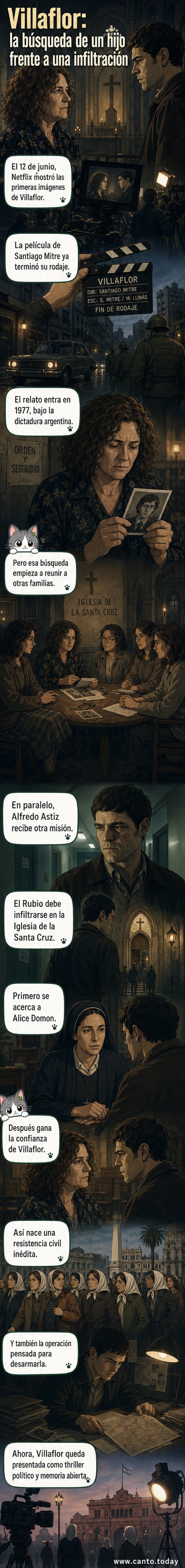 Cartel promocional de la película 'Villaflor' con Verónica Llinás como Azucena Villaflor y Peter Lanzani como Alfredo Astiz, fondo de Buenos Aires en los años 70.
