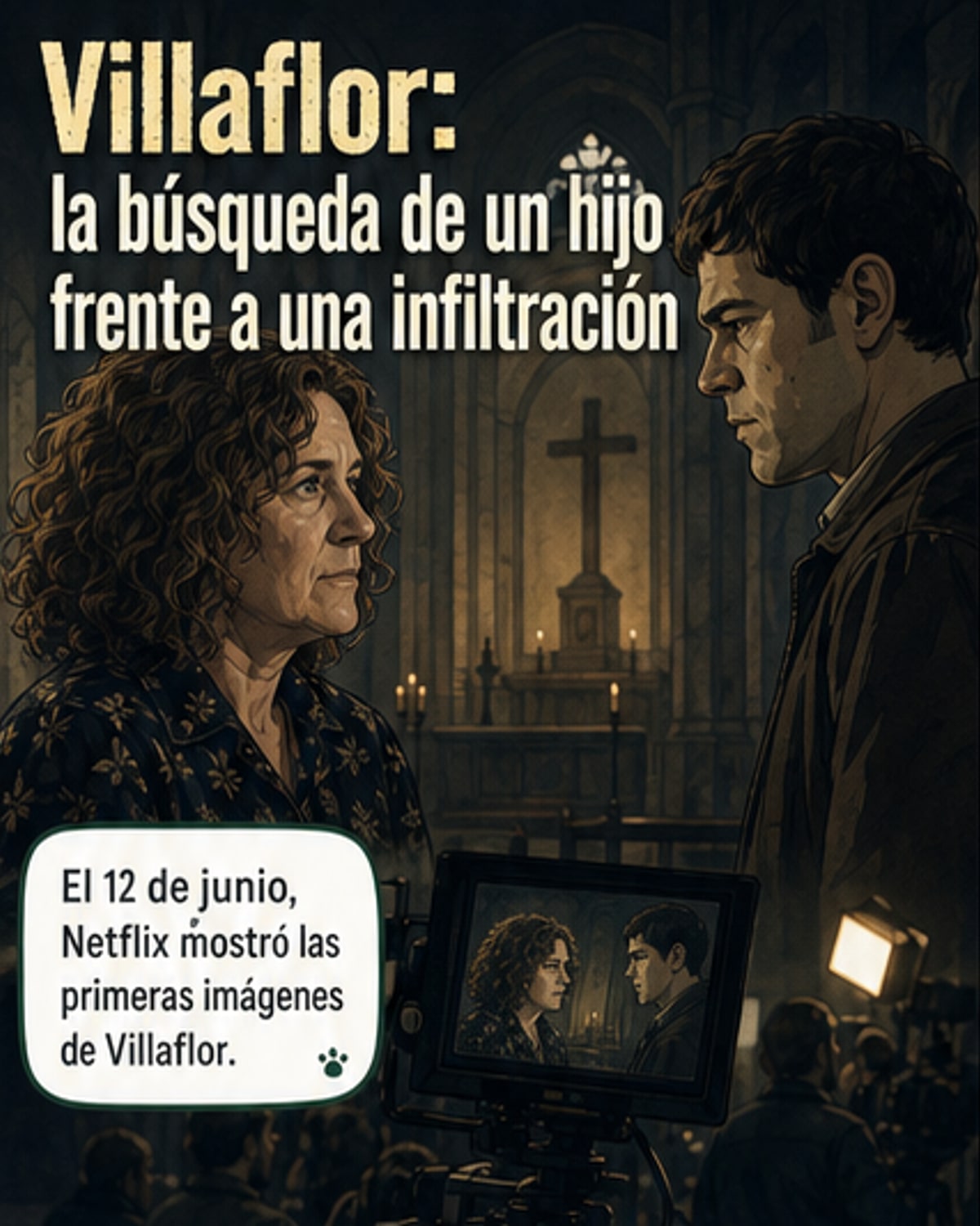 Cartel promocional de la película 'Villaflor' con Verónica Llinás como Azucena Villaflor y Peter Lanzani como Alfredo Astiz, fondo de Buenos Aires en los años 70.