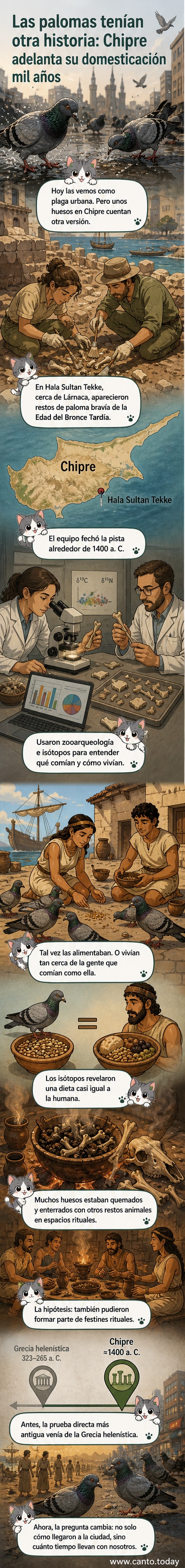 Ilustración de una paloma antigua junto a restos arqueológicos en un yacimiento de Chipre, con jeroglíficos y ofrendas rituales en segundo plano.