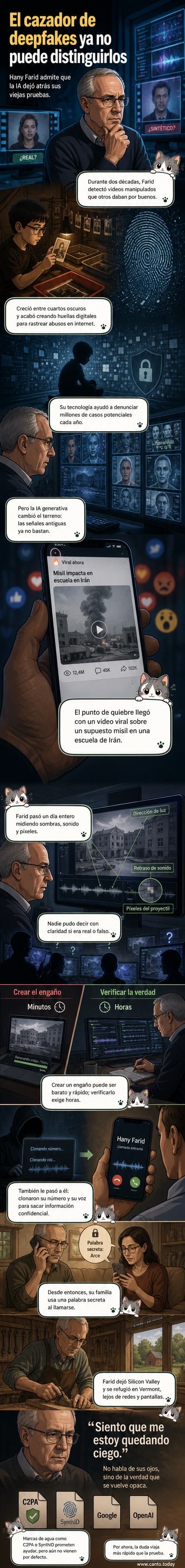 Ilustración de un hombre mayor mirando una pantalla dividida entre una imagen real y un deepfake idéntico, con herramientas forenses rotas a su lado.