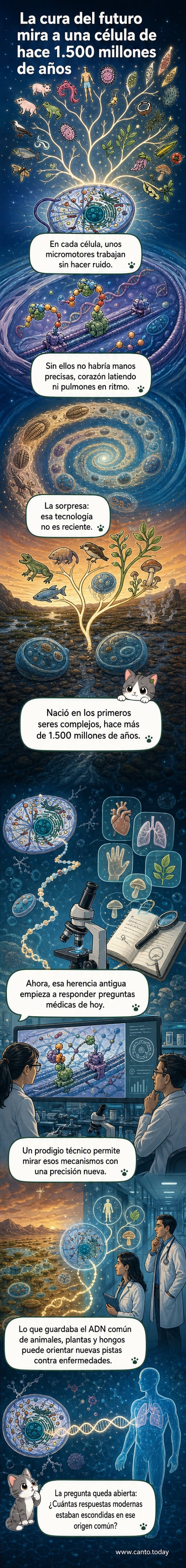 Ilustración de un micromotor celular dentro de una célula, con estructuras moleculares en movimiento, conectado a un ancestro unicelular de hace 1.500 millones de años.